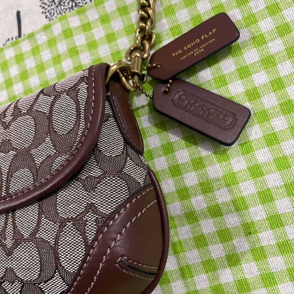 Coach Brown and Beige Signature Canvas Shoulder Bag with Gold Chain - Picture 3 of 9